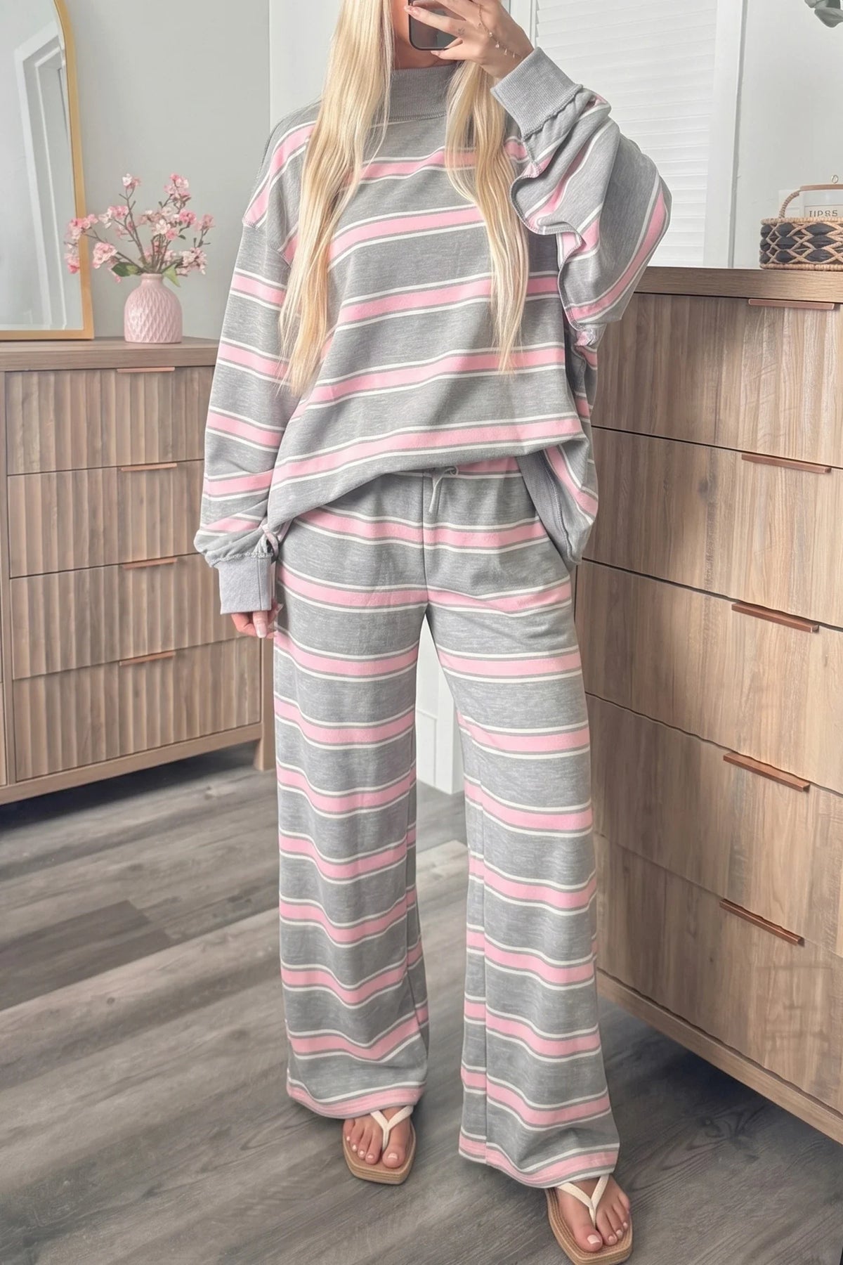 Pink Stripe Mock Neck Long Sleeve Pullover Set - Closes 10.17