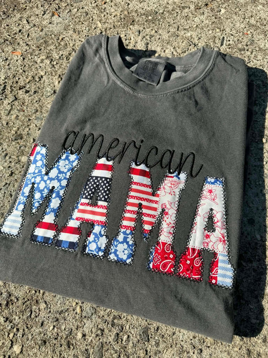 American Mama Custom Patriotic Embroidered Name Shirt with Patchwork Applique Letters