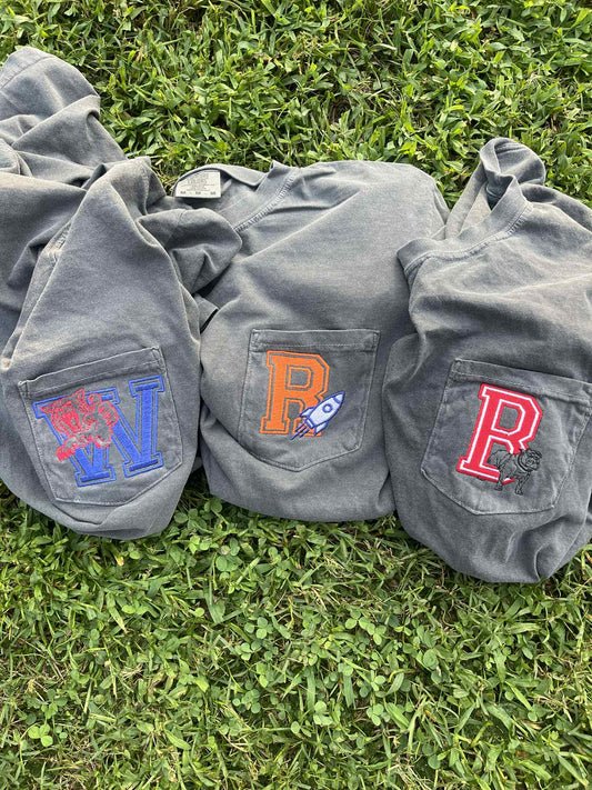 Letter and Outline Mascot Embroidered Comfort Color Pocket Tee
