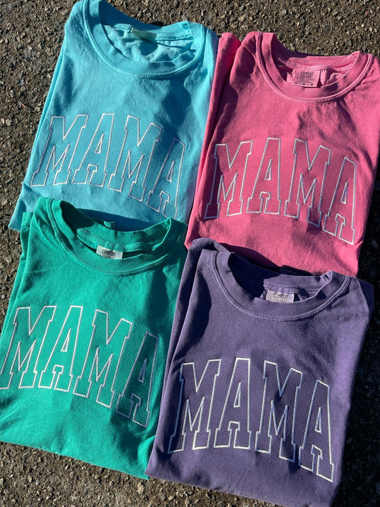 Mama Varsity Style Embroidered Comfort Color T-Shirt | QUICK SHIP