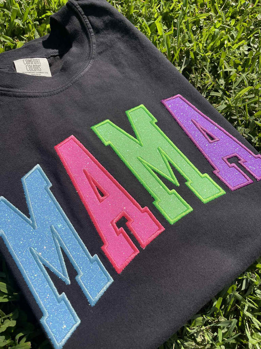 Mama Varsity Multicolor Neon Glitter Applique Embroidered Shirt | Merch Girls