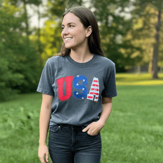 Patriotic USA Red White and Blue Raw Edge Applique Embroidered Shirt