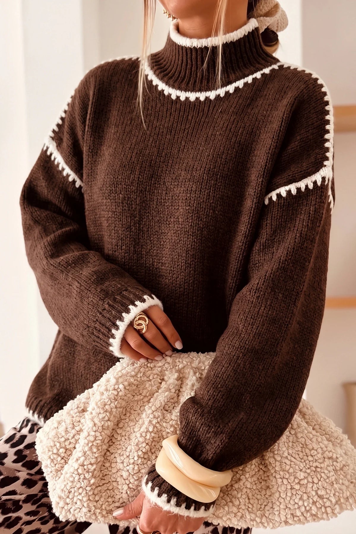 Coffee Contrast Trim Mock Neck Drop Shoulder Relaxed Sweater - Closes 10.17