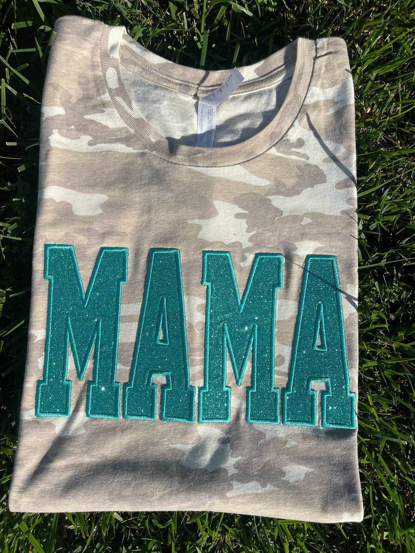 Vintage Camo Mama Glitter Applique Embroidered Shirt