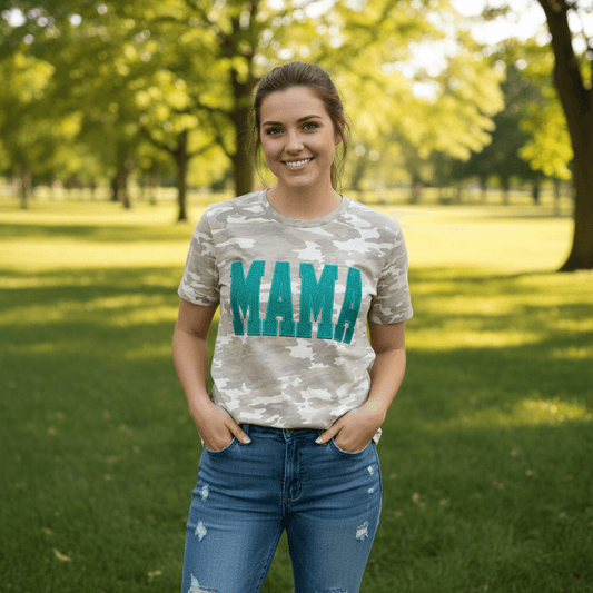 Vintage Camo Mama Glitter Applique Embroidered Shirt