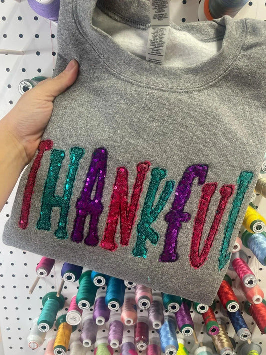 Thankful Colorful Sequin Applique Embroidered Shirt