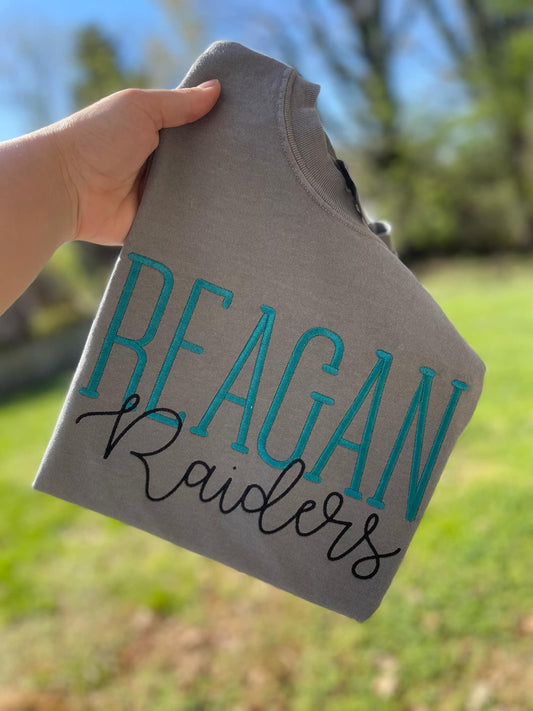 Embroidered Stacked School Spirit Shirt | Custom School Name & Mascot | Reagan Raiders