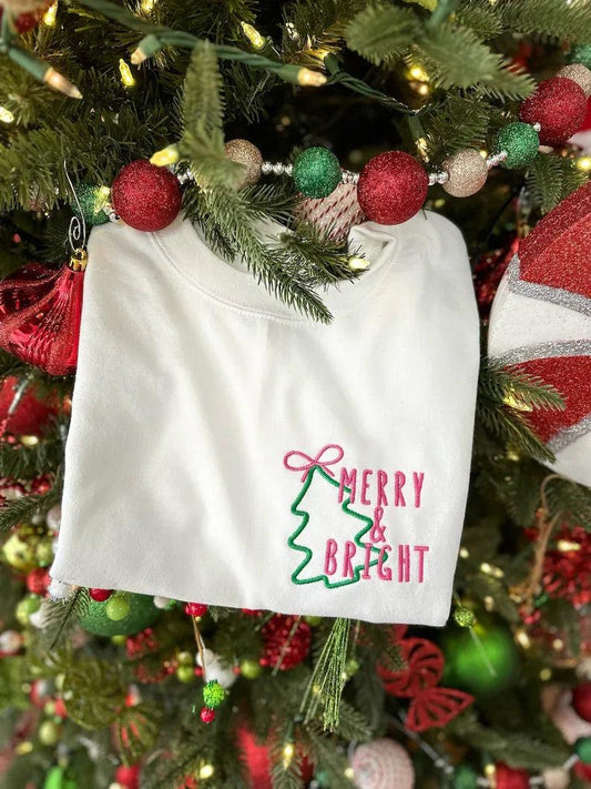 Merry And Bright Christmas Holiday Embroidered Shirt